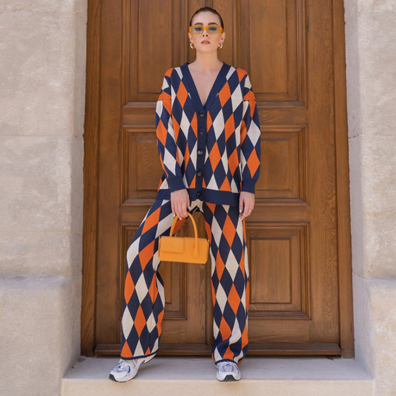 Geometric Abstract Rhombus Knitted Cardigan Single Breasted Set