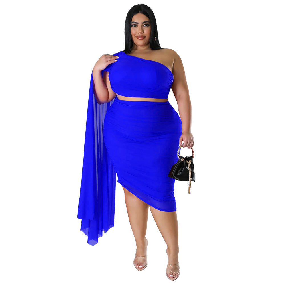Plus Size Women Wear High Elastic Diagonal Collar Long Train Sleeve Wrinkle Set