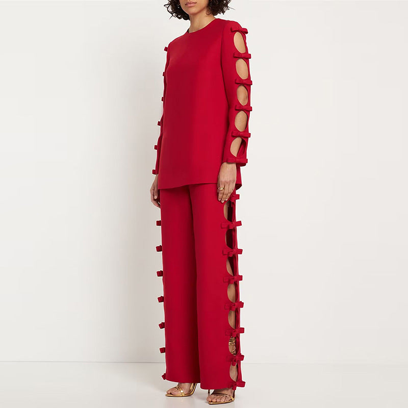 Personality Hollow Out Bow Straight Leg Pants Suit