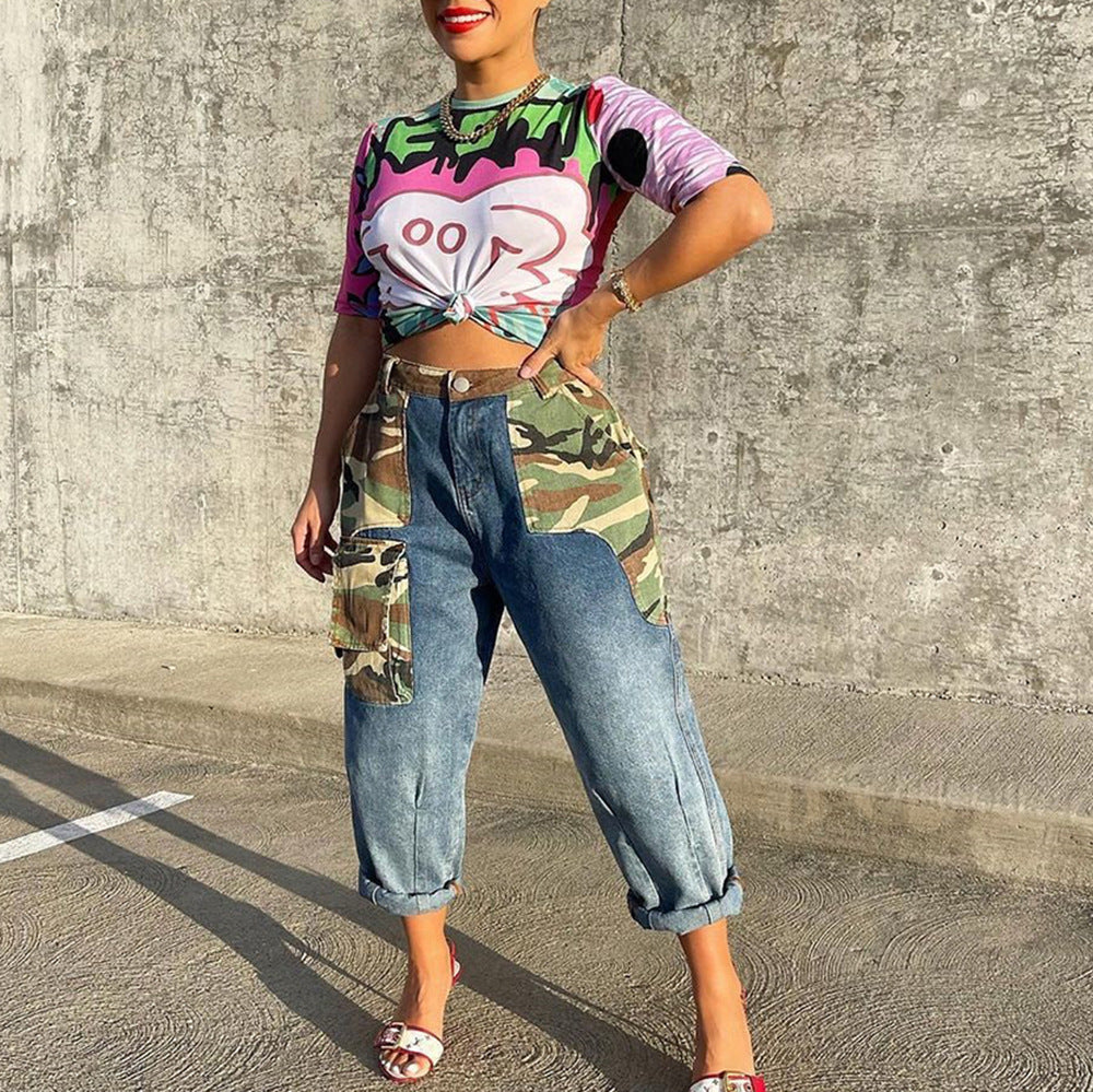 Trendy Denim Camouflage Bags Straight Jeans