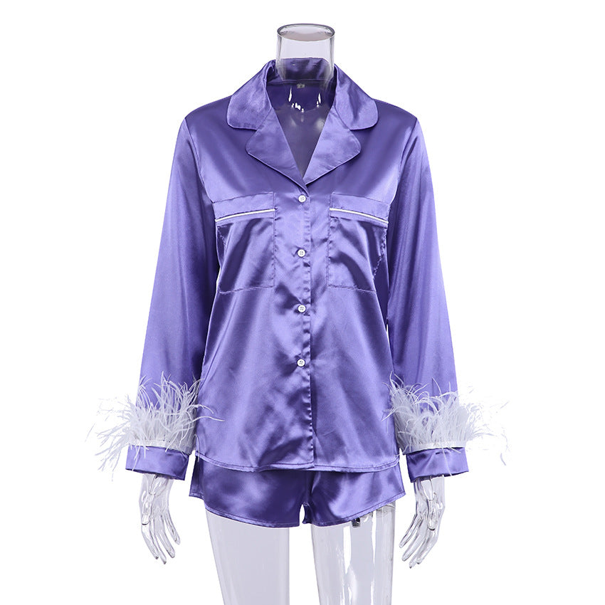 Silk Blue Feather Detachable Long Sleeve Shorts Pajamas