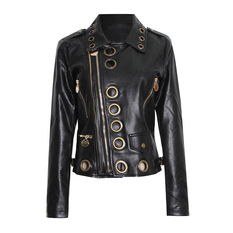 Locomotive Jacket Leather Spring Polo Collar Eyelet Rivet Hollow Out Cutout