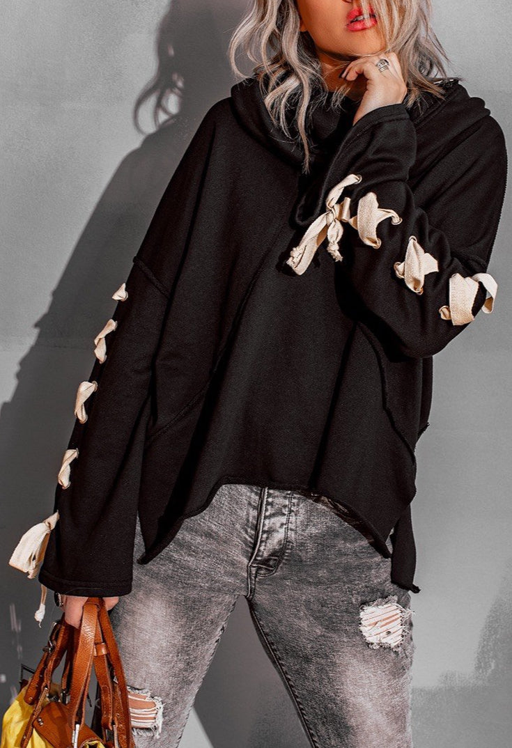 Lace Up Oversized Hooded Pile Collar Frayed Sweater