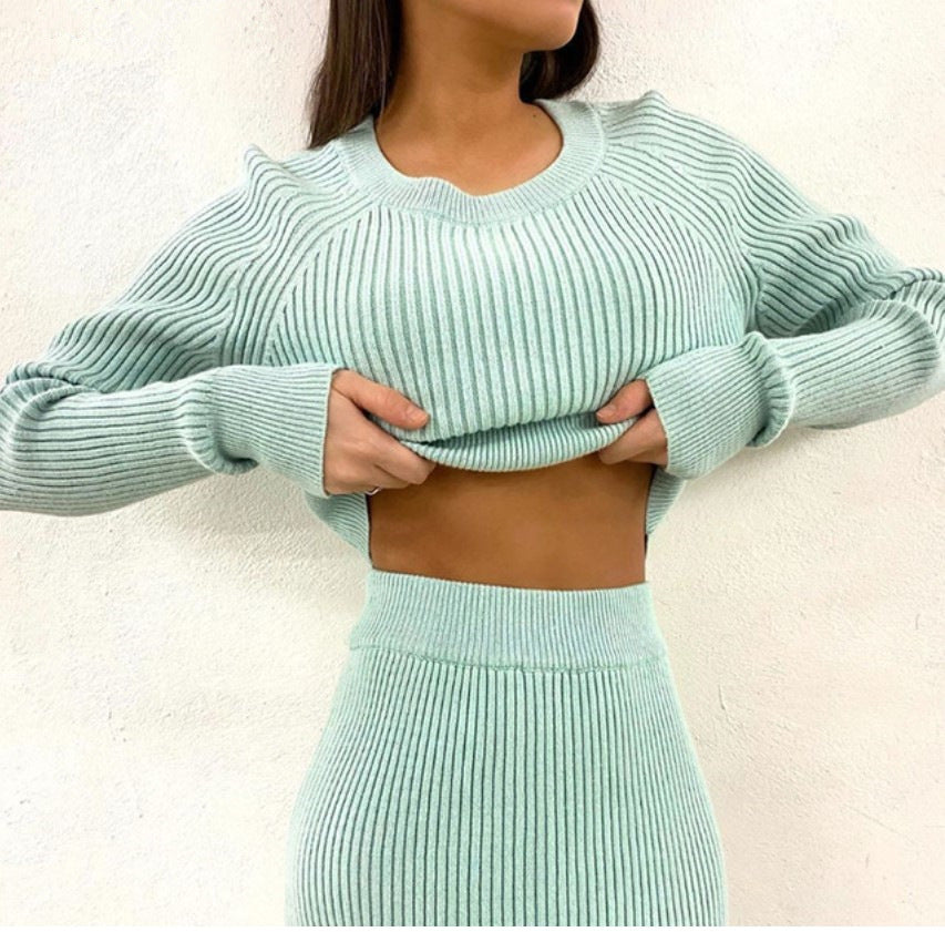 Women Casual Slim Knitted Skirt Sweater Set