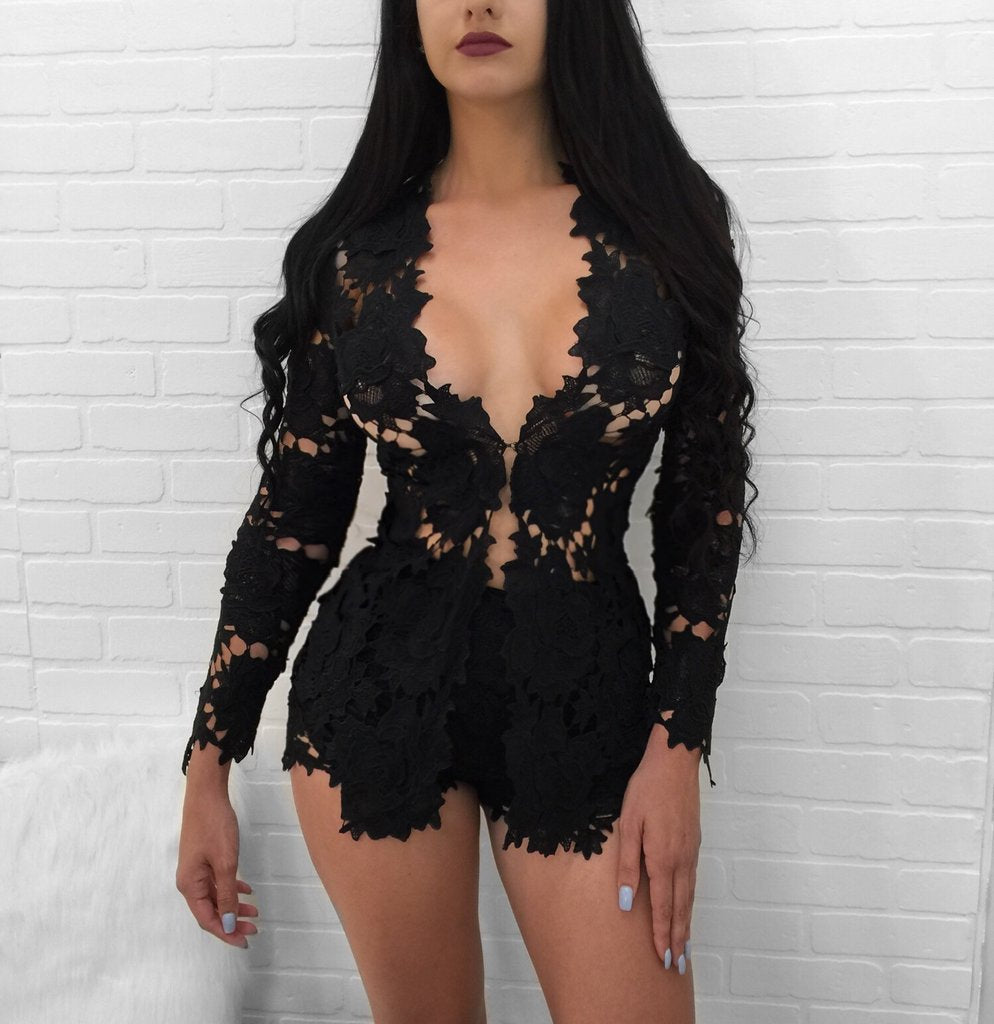 Sexy Lace Long-Sleeved Blouse Pants Nightclub Set