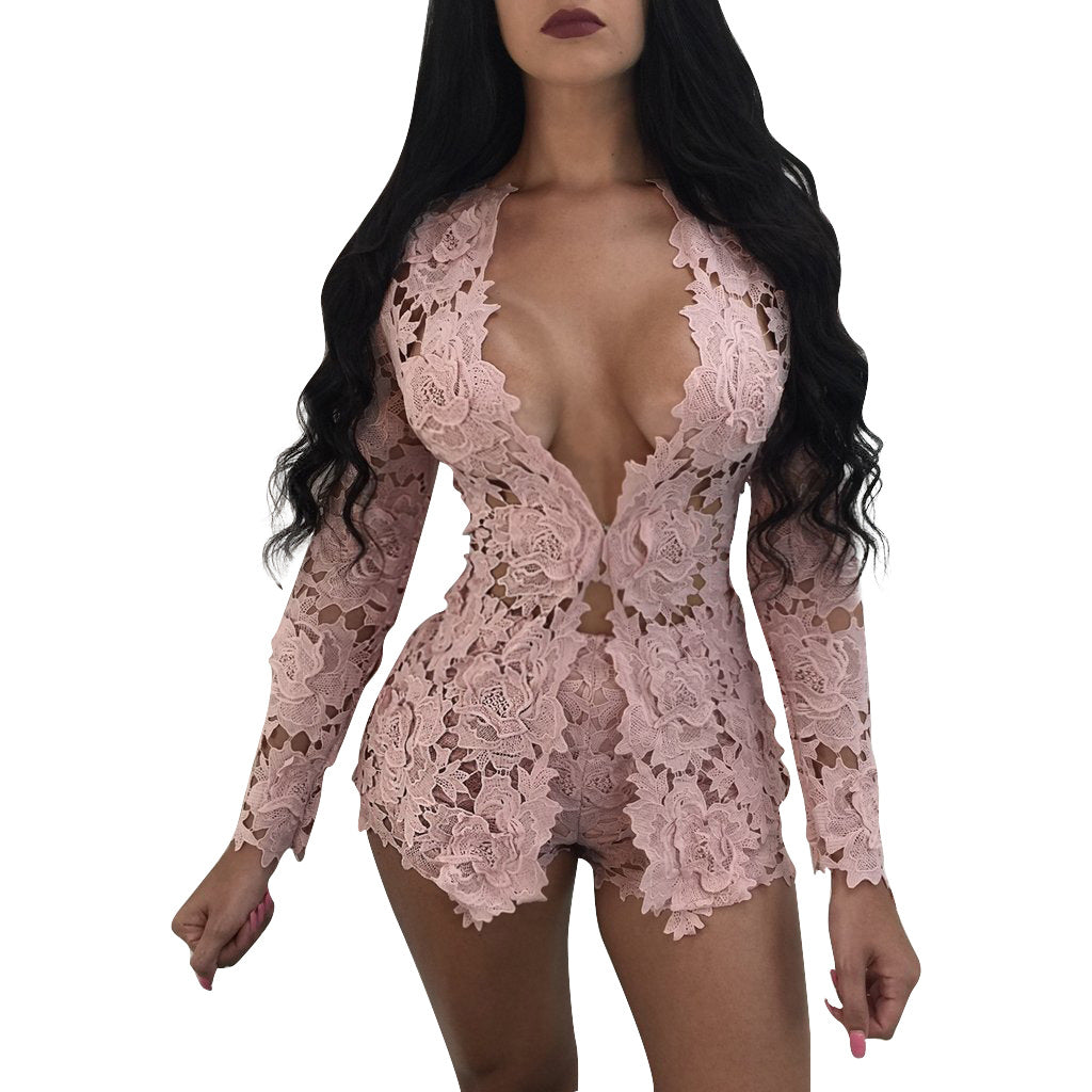 Sexy Lace Long-Sleeved Blouse Pants Nightclub Set