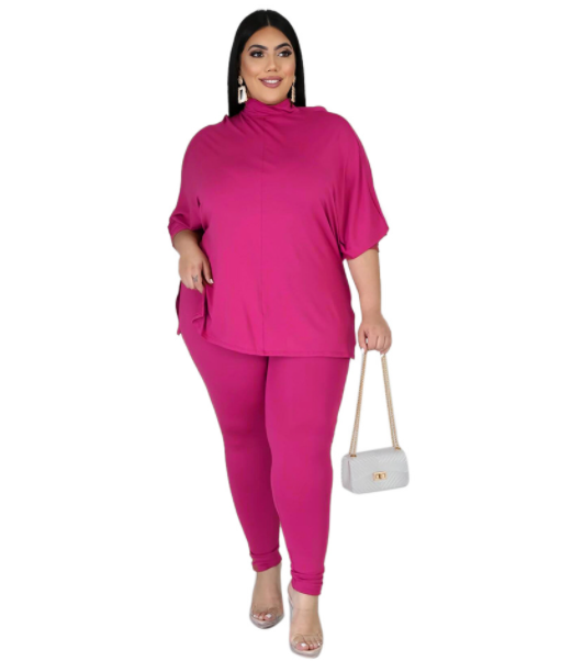 Plus Size Turtleneck Solid Color Casual Sports Set