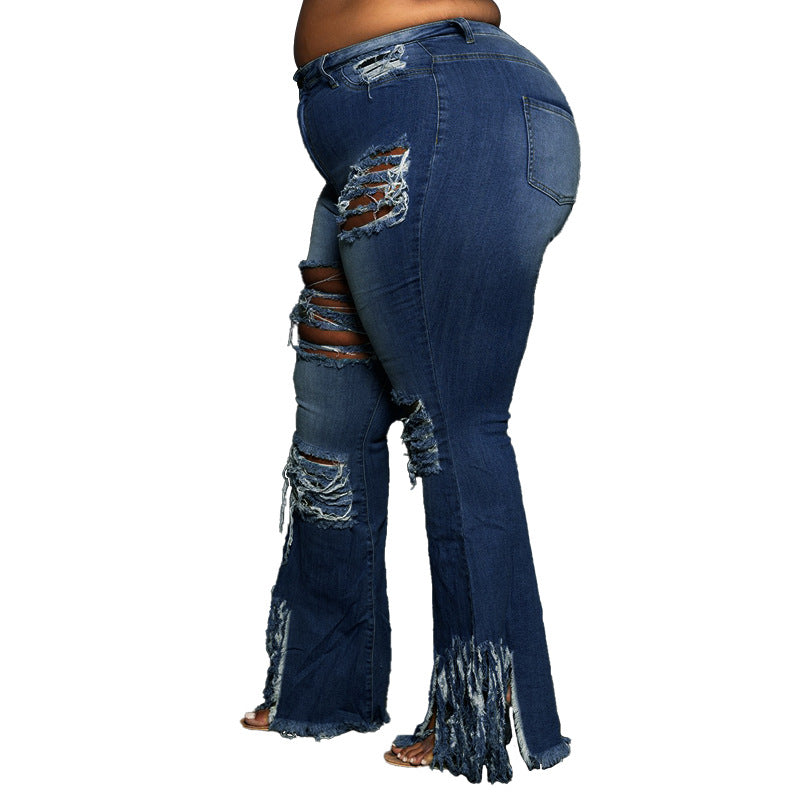 Plus Size Ripped Tassel Bell-Bottom Code Jeans