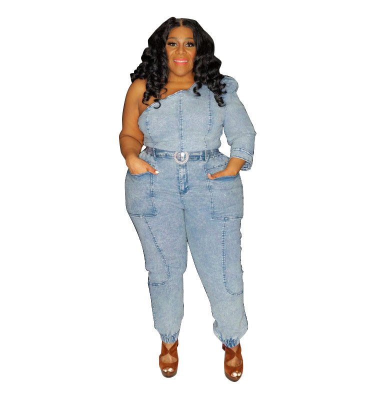 Sexy Shoulder Single Sleeve Washing Denim Set