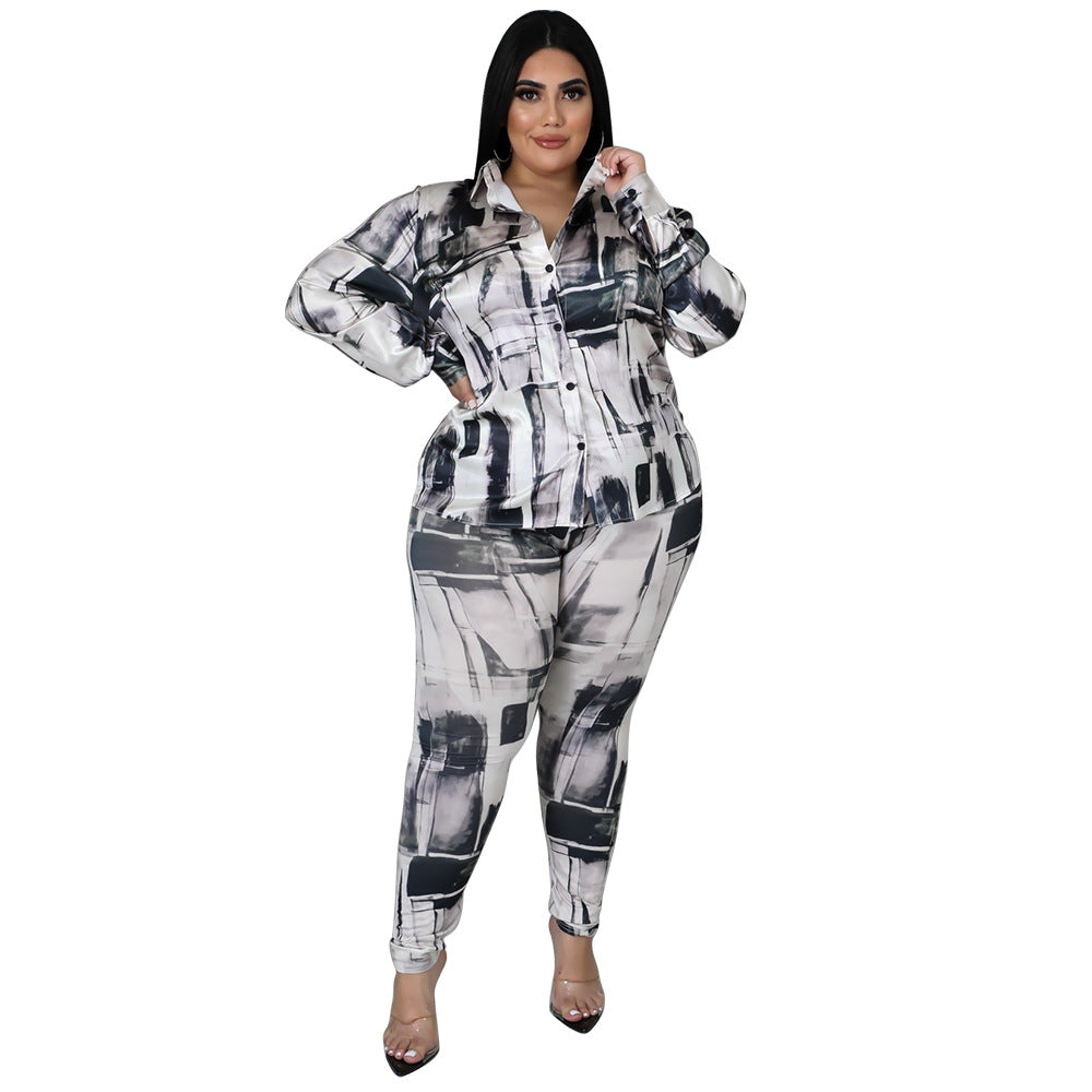 Glossy Shirt Long Sleeve Digital Printed Pants Set