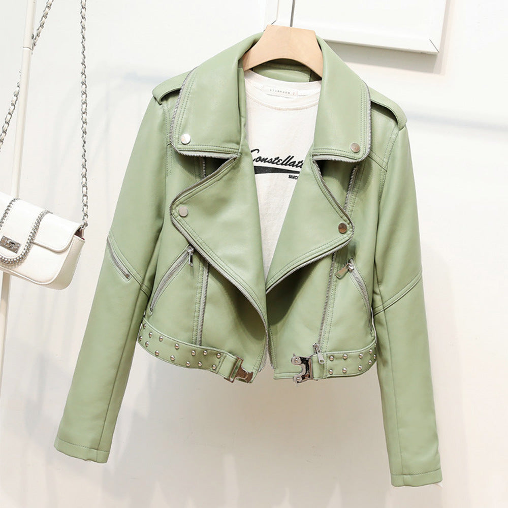 Waist Belt Rivet Heavy Industry Zipper Decorations Collared Women Faux Leather Jacket Coat