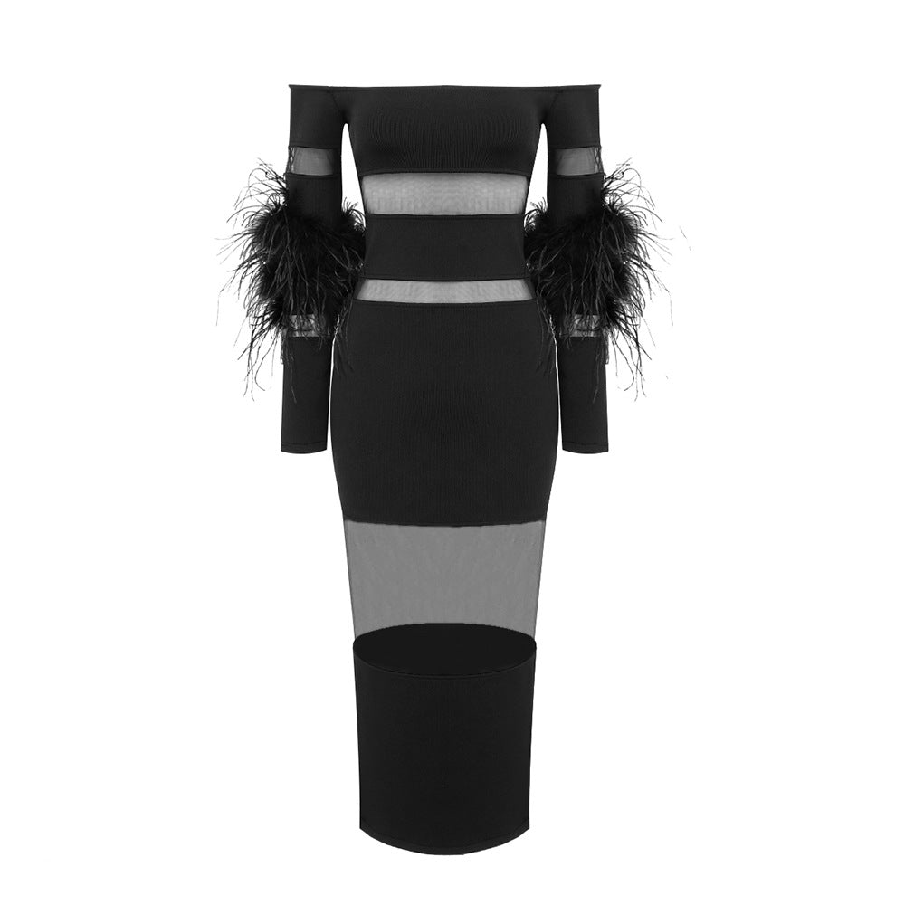 Off Shoulder Stitching Mesh Feather Sleeve Knitted Dress