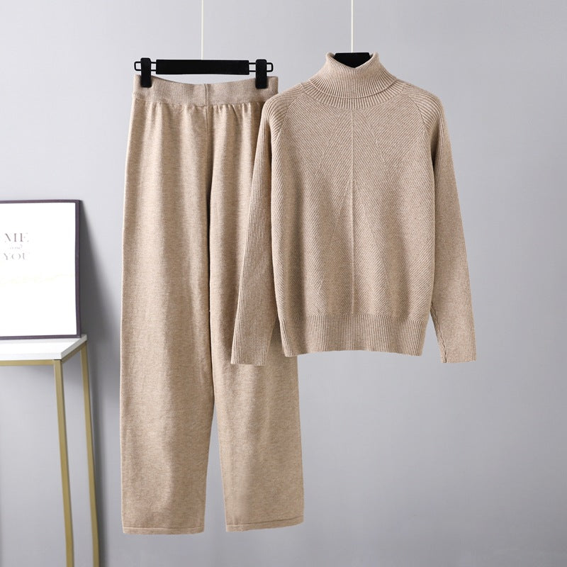 Solid Color Turtleneck Knitted Sweater Casual Pants Set