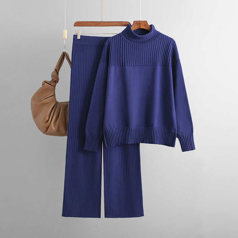 Knitted Pullover Solid Color High Collar Loose Sweater Set