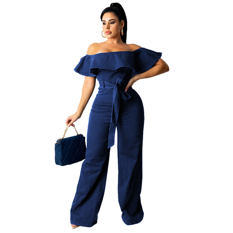 Denim Jumpsuit Washed Flounced Sexy off-Shoulder