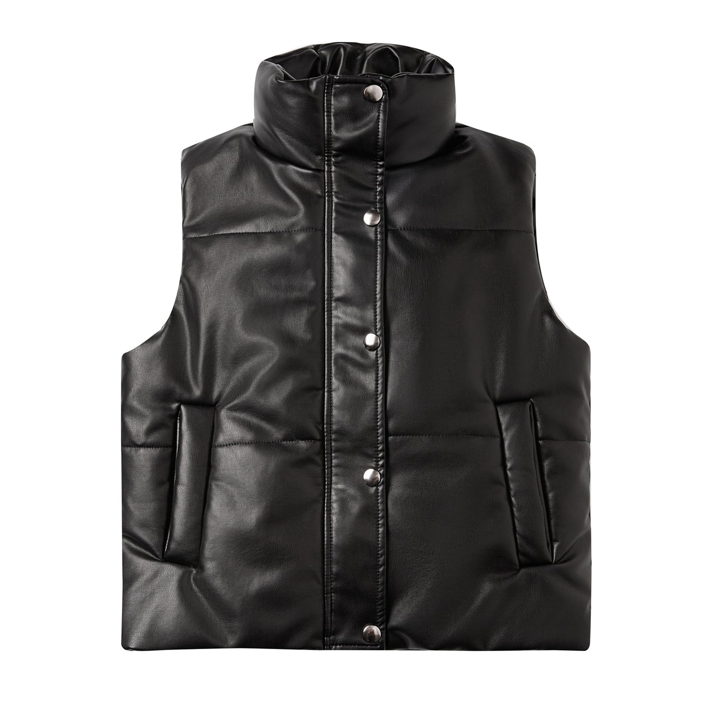 Autumn Winter Women Faux Leather Quilted Zipped Cotton Padded Vest Jacket