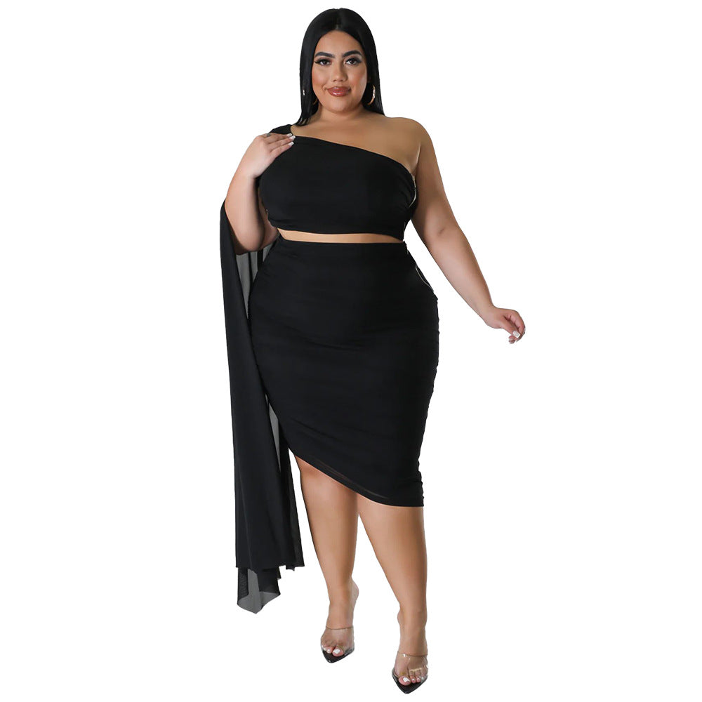 Plus Size  Women Wear High Elastic Diagonal Collar Long Train Sleeve Wrinkle Set