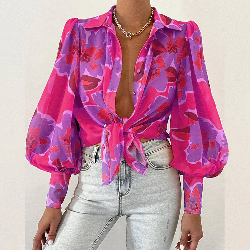 Sexy Bubble Sleeve Collared Printed Shirt