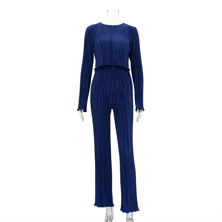 Chanel T shirt Slim Blue Pleated Wide Leg Trousers Set