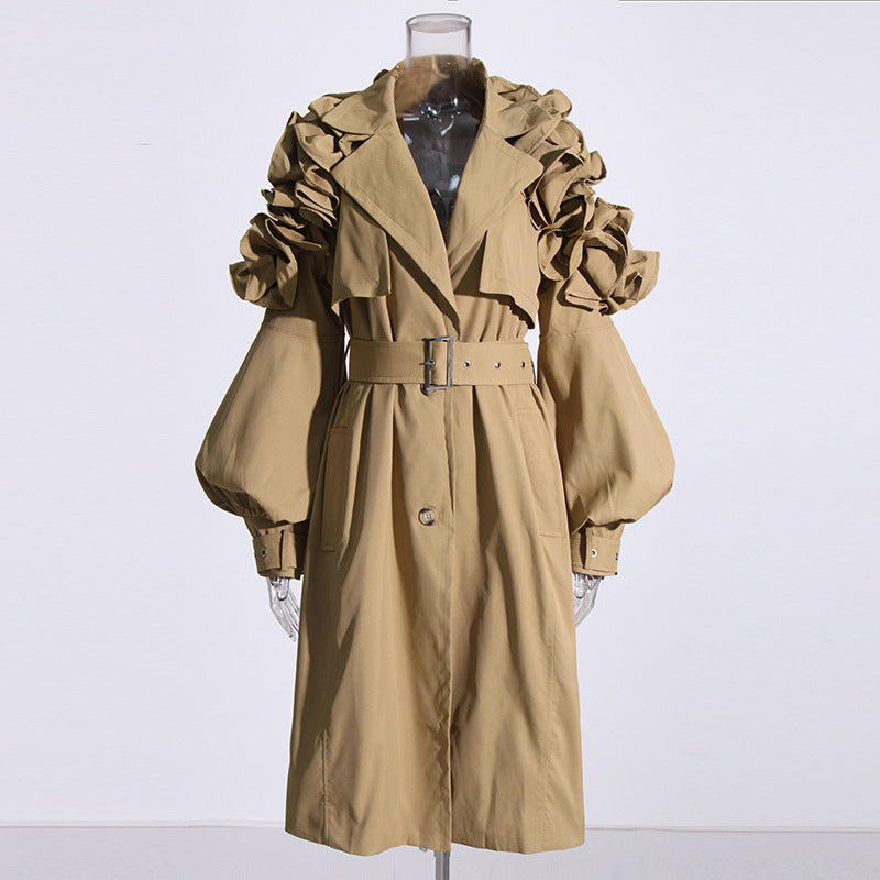 Mid Length Trench Coat Collared Long Sleeve Ruffled Slim Fit Patchwork