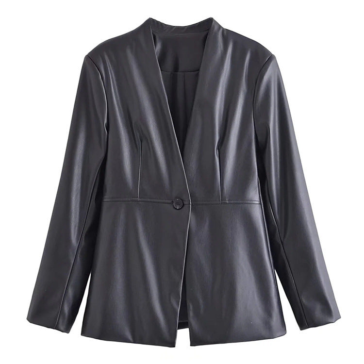 One Button Office Faux Leather Blazer