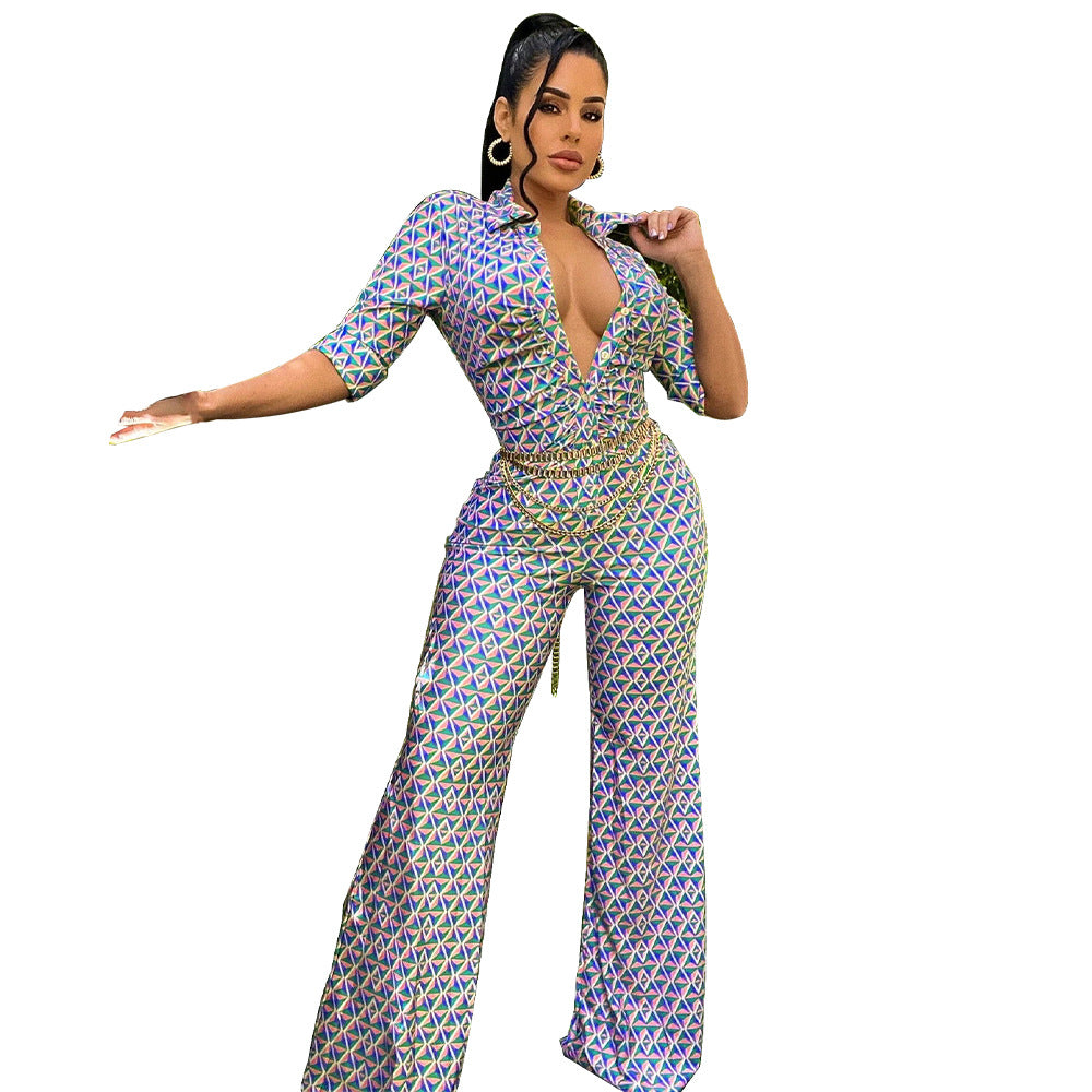 Collared Wide-Leg  Sexy Slim-Fit Printed Jumpsuit