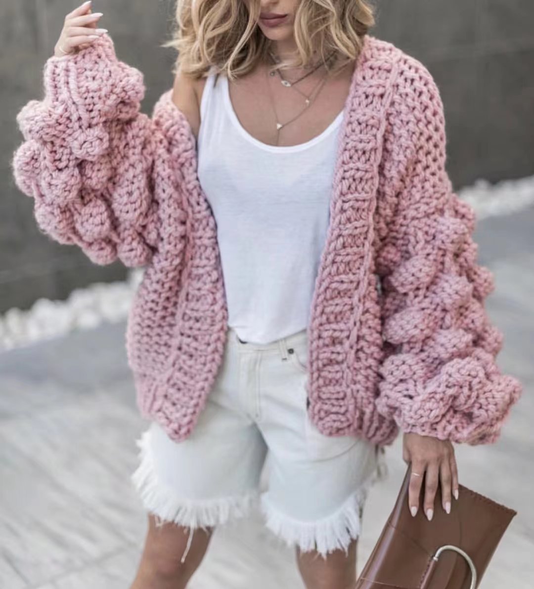 Loose Short Winter Hand Woven Ball Lantern Sleeve Sweater Coat