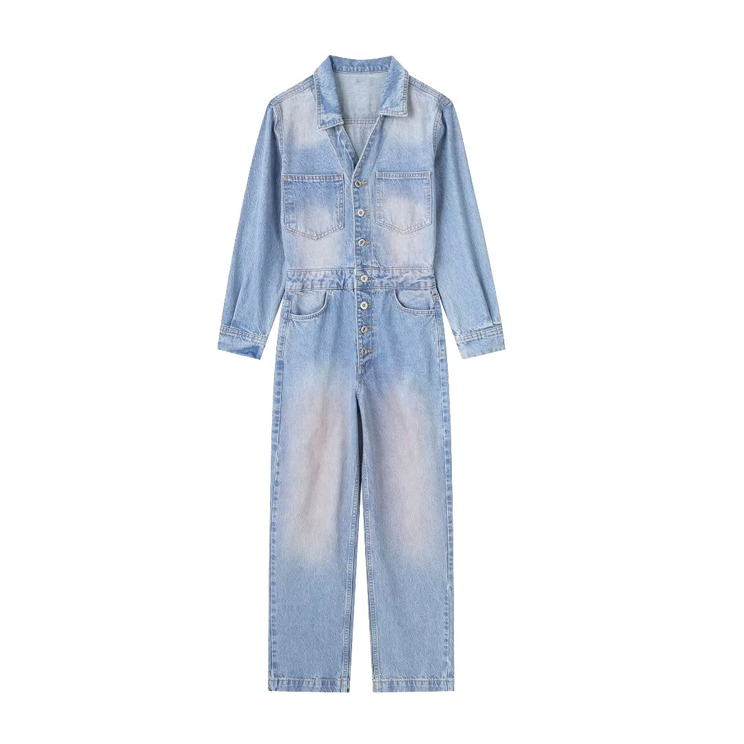 French Pan Pink Washed Denim Jumpsuit