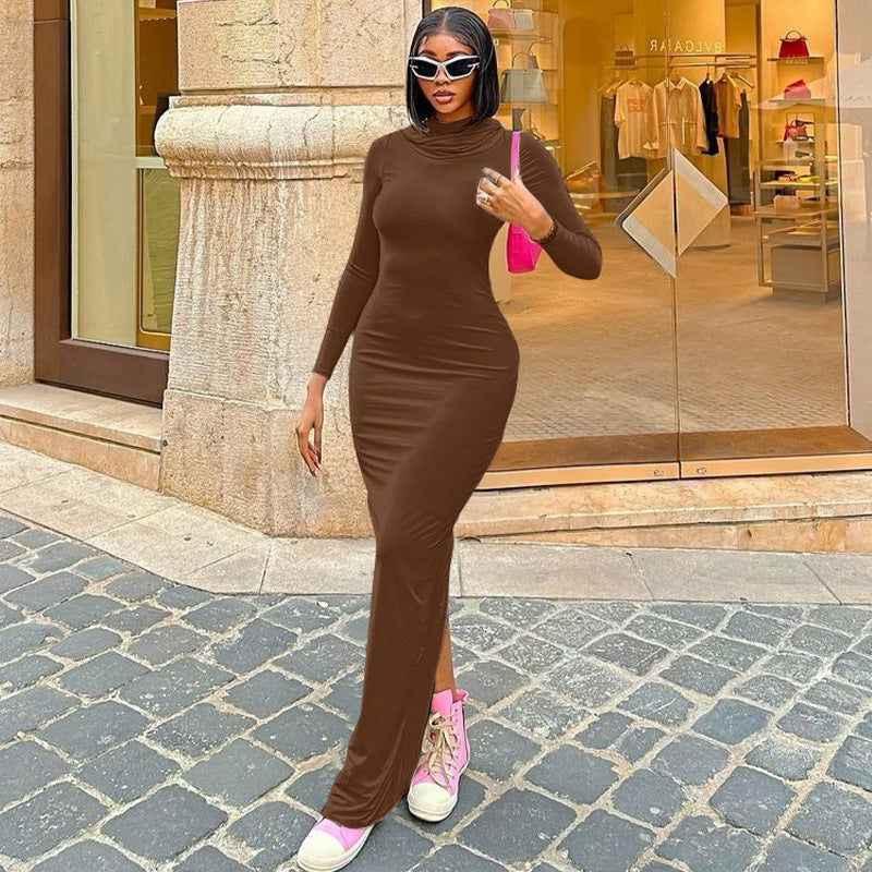 Hood Back Slit Solid Color Dress