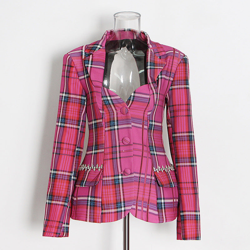 Backless Single Breasted Plaid Short Western Blazer