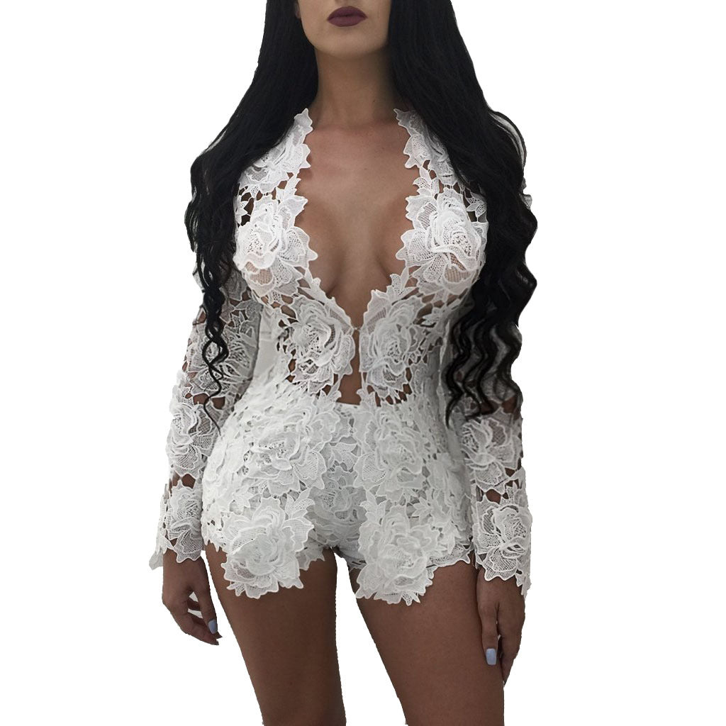 Sexy Lace Long-Sleeved Blouse Pants Nightclub Set