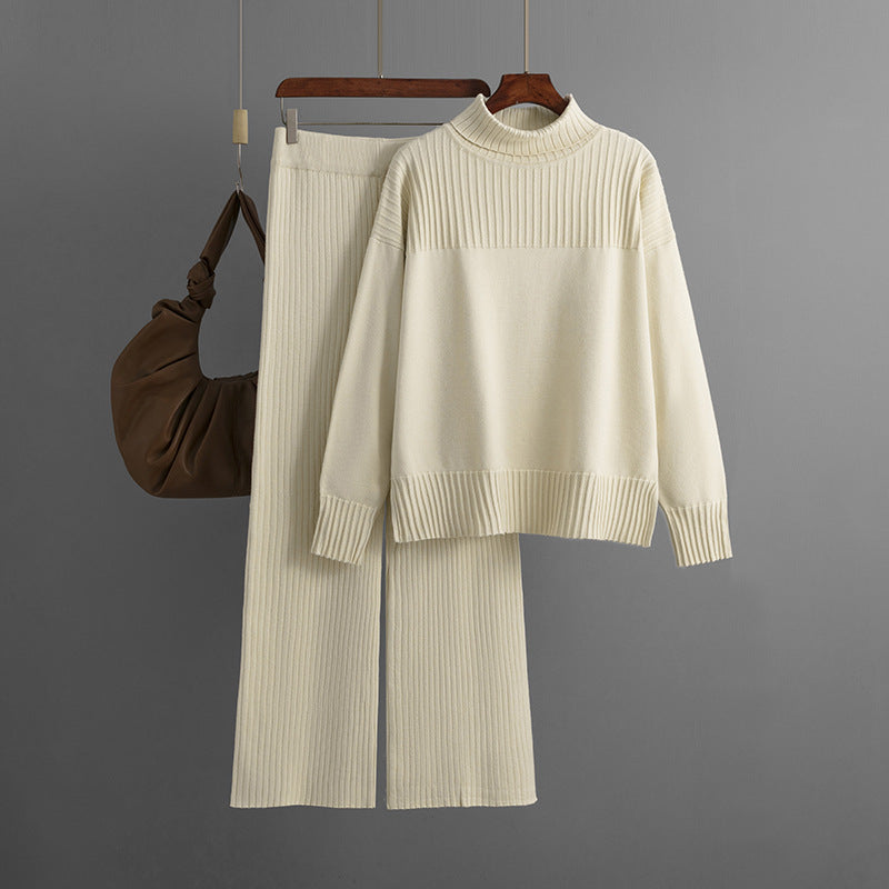 Knitted Pullover Solid Color High Collar Loose Sweater Set