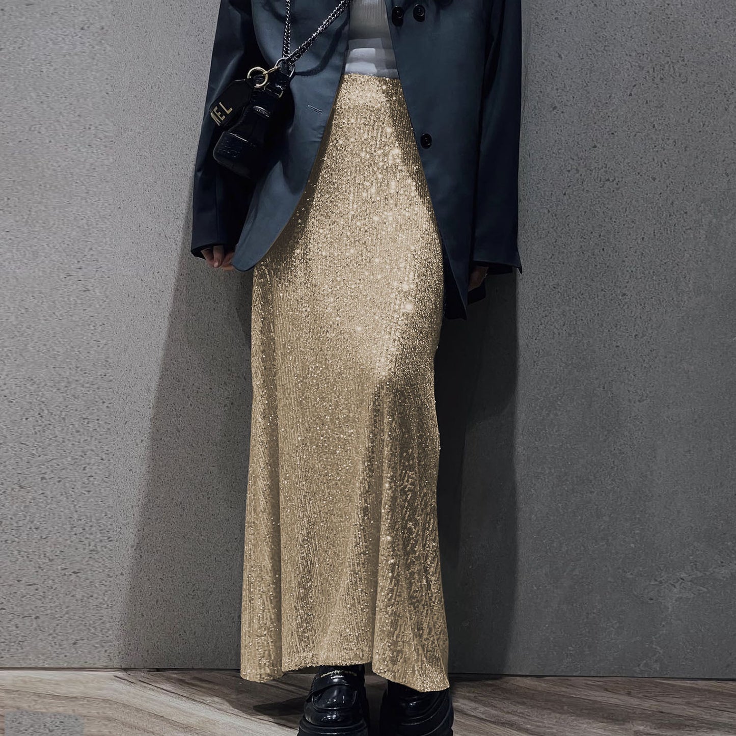 Sequin Crop Shirt Midi Long Skirt Set