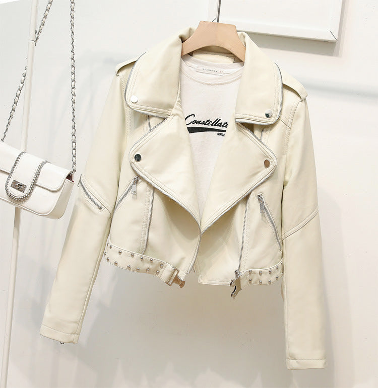 Waist Belt Rivet Heavy Industry Zipper Decorations Collared Women Faux Leather Jacket Coat