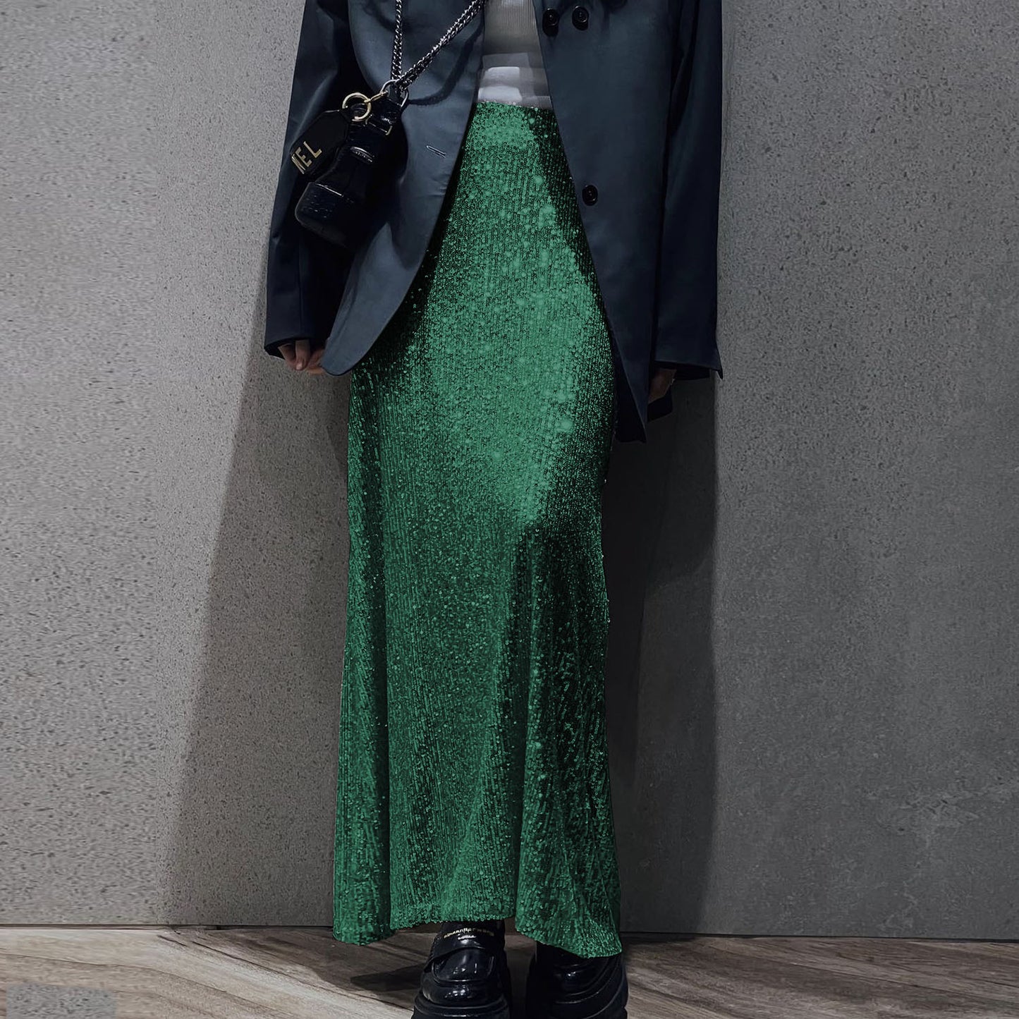 Sequin Crop Shirt Midi Long Skirt Set