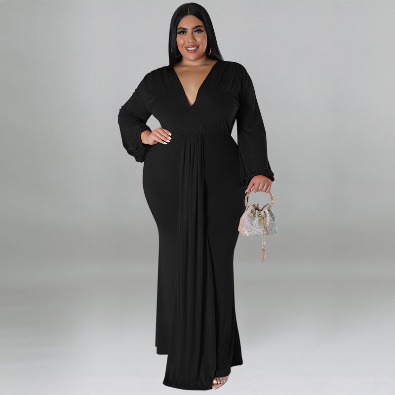 Sexy Deep V Plunge neck Long Sleeve Pleated Dress