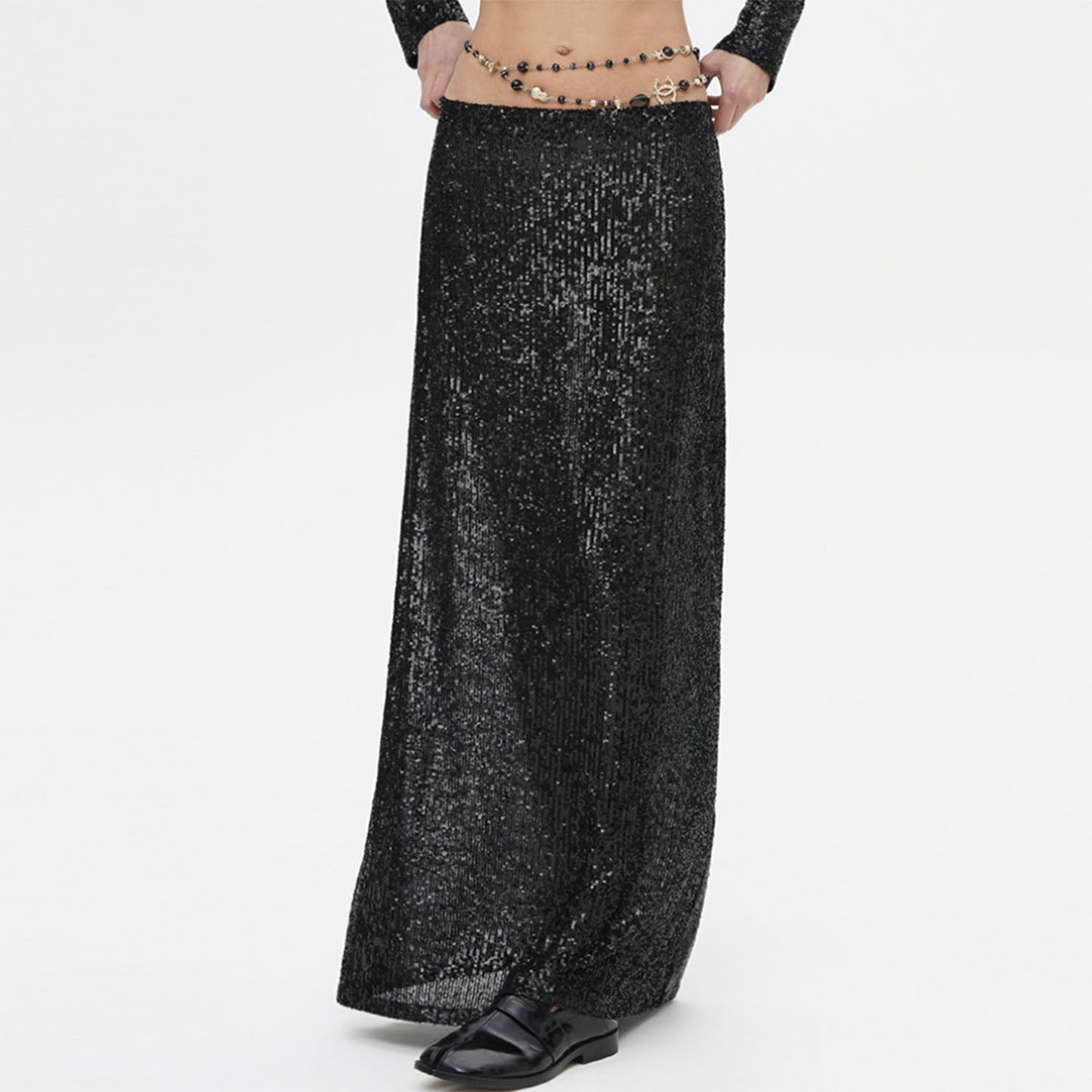 Sequin Crop Shirt Midi Long Skirt Set