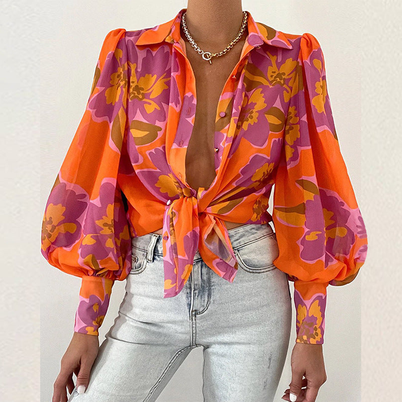 Sexy Bubble Sleeve Collared Printed Shirt