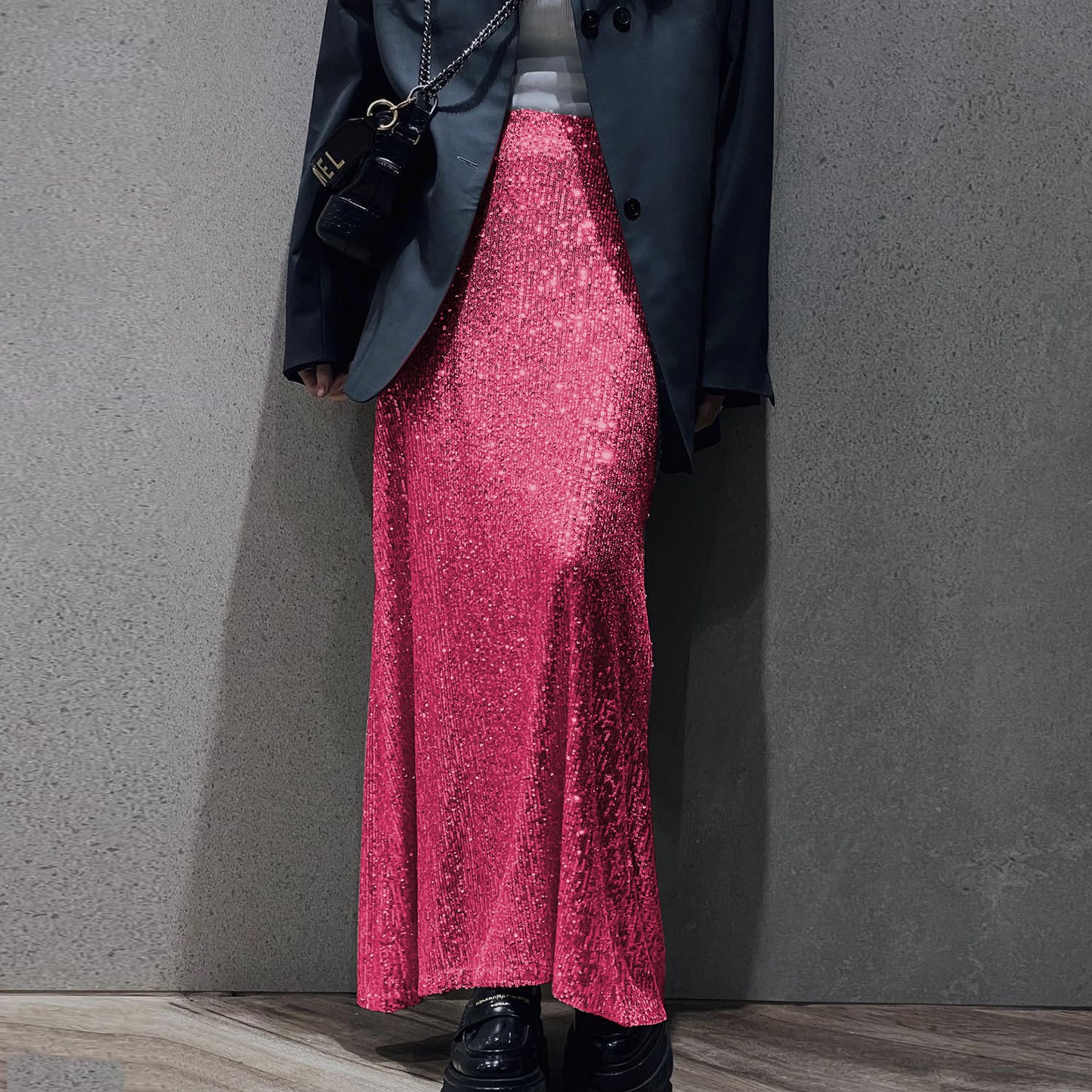 Sequin Crop Shirt Midi Long Skirt Set