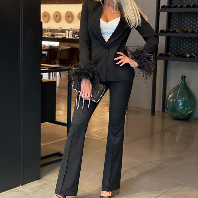 Women Casual Elegant Feather Sleeve Pants Suit