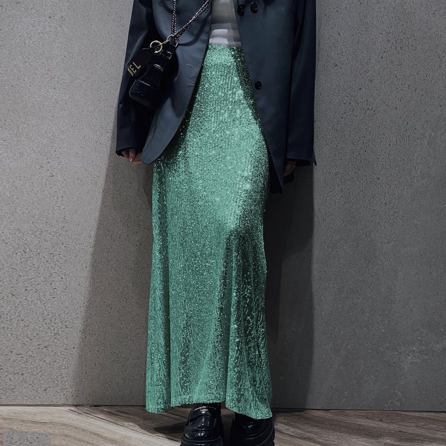 Sequin Crop Shirt Midi Long Skirt Set