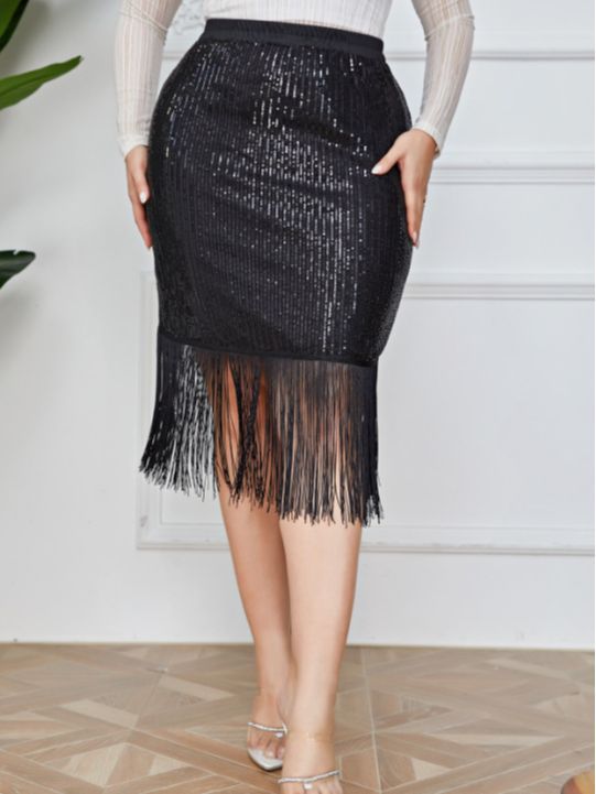 High Waist Retro Office Sheath Sequined Tassel Skirt