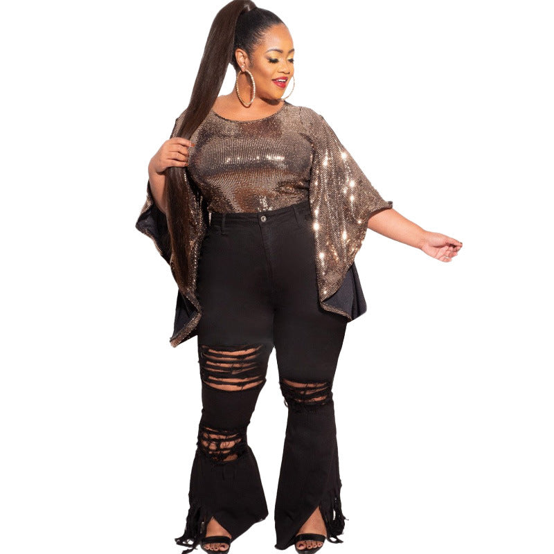 Plus Size Ripped Tassel Bell-Bottom Code Jeans