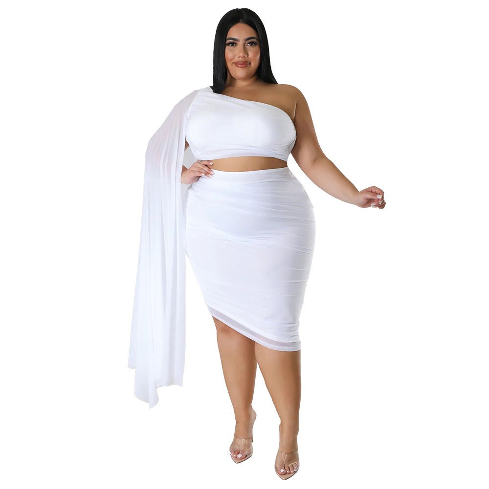 Plus Size  Women Wear High Elastic Diagonal Collar Long Train Sleeve Wrinkle Set