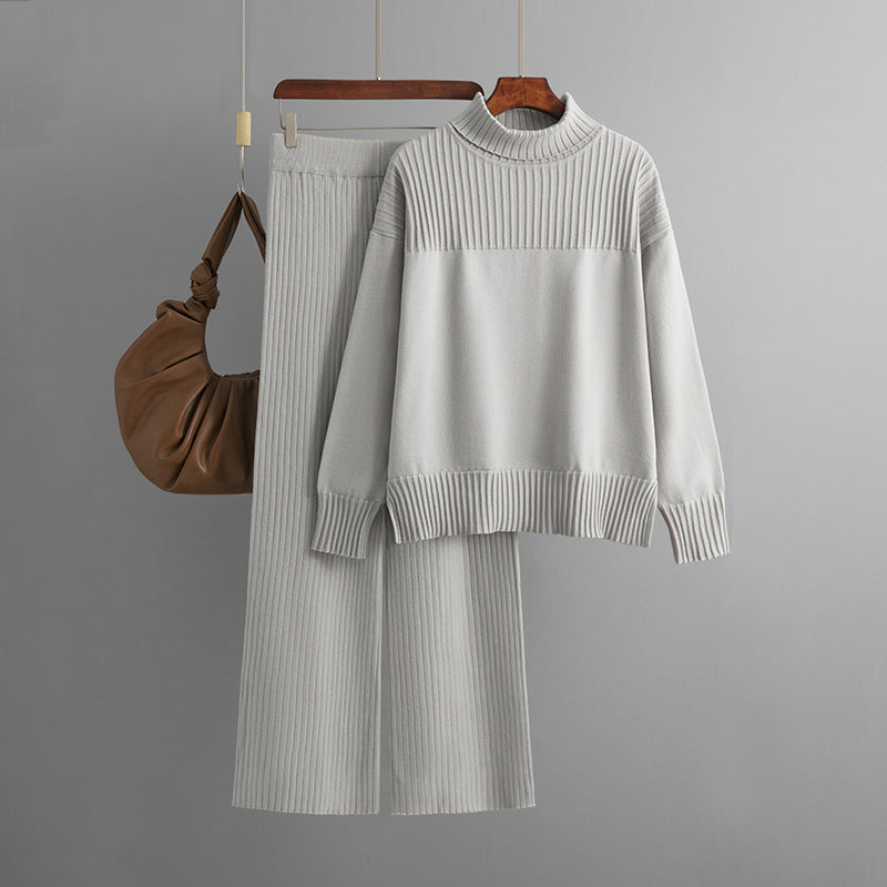 Knitted Pullover Solid Color High Collar Loose Sweater Set