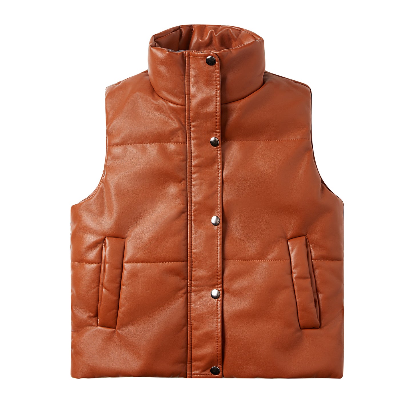 Autumn Winter Women Faux Leather Quilted Zipped Cotton Padded Vest Jacket