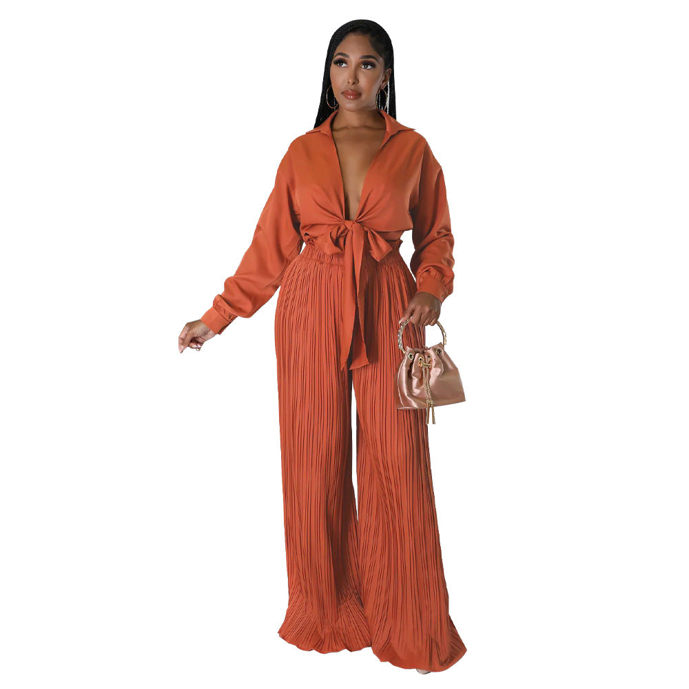 V Neck Lace up Pleated Blouse and Pants Set