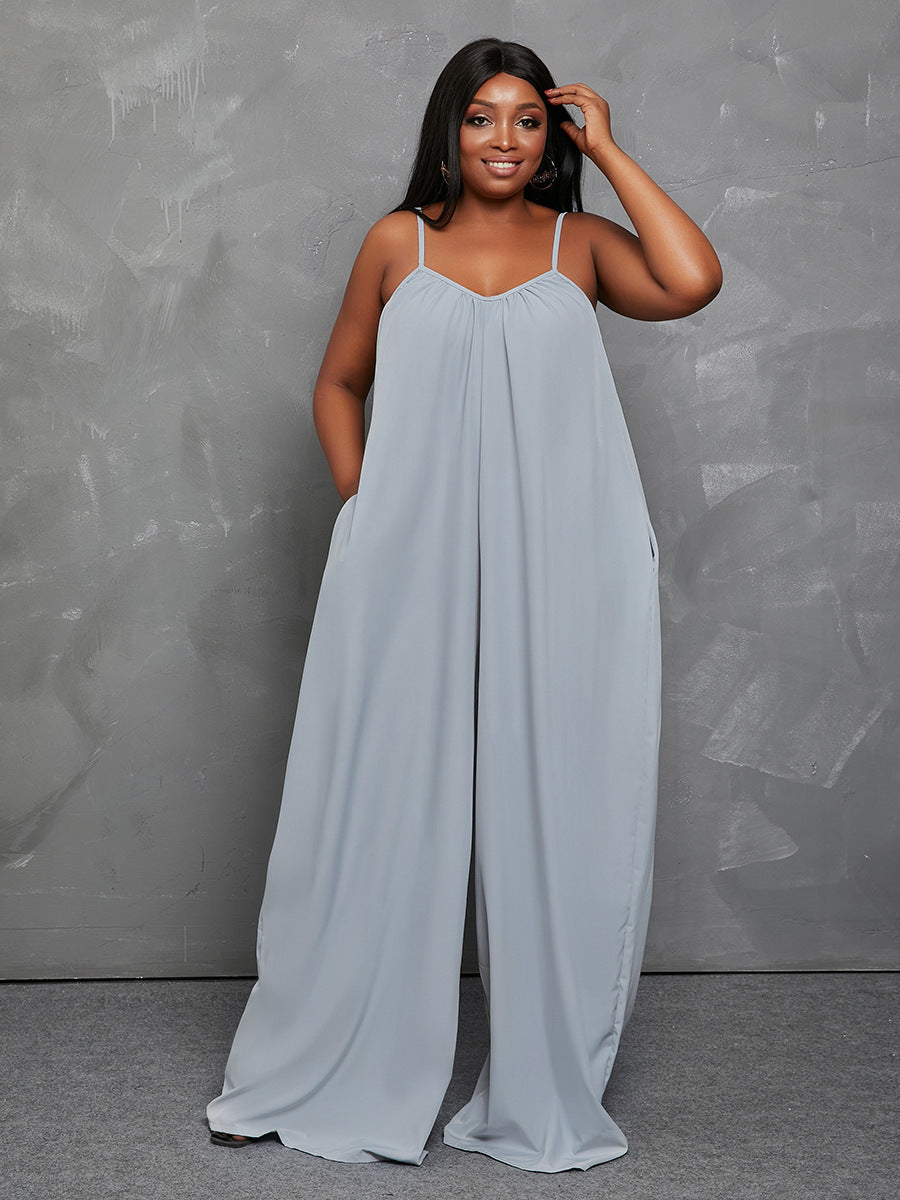 Sling Loose  Bell Bottom Pants Solid Color Jumpsuit