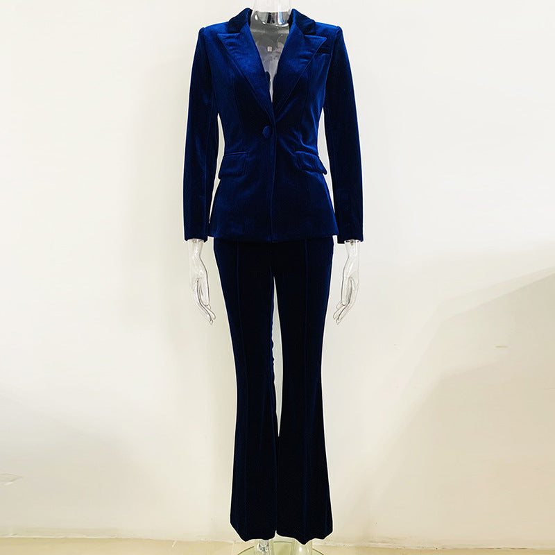 One Button Pleuche Blazer Bell Bottom Pants Suit