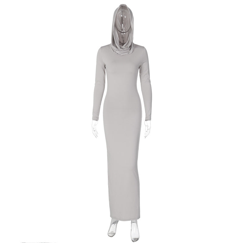 Hood Back Slit Solid Color Dress